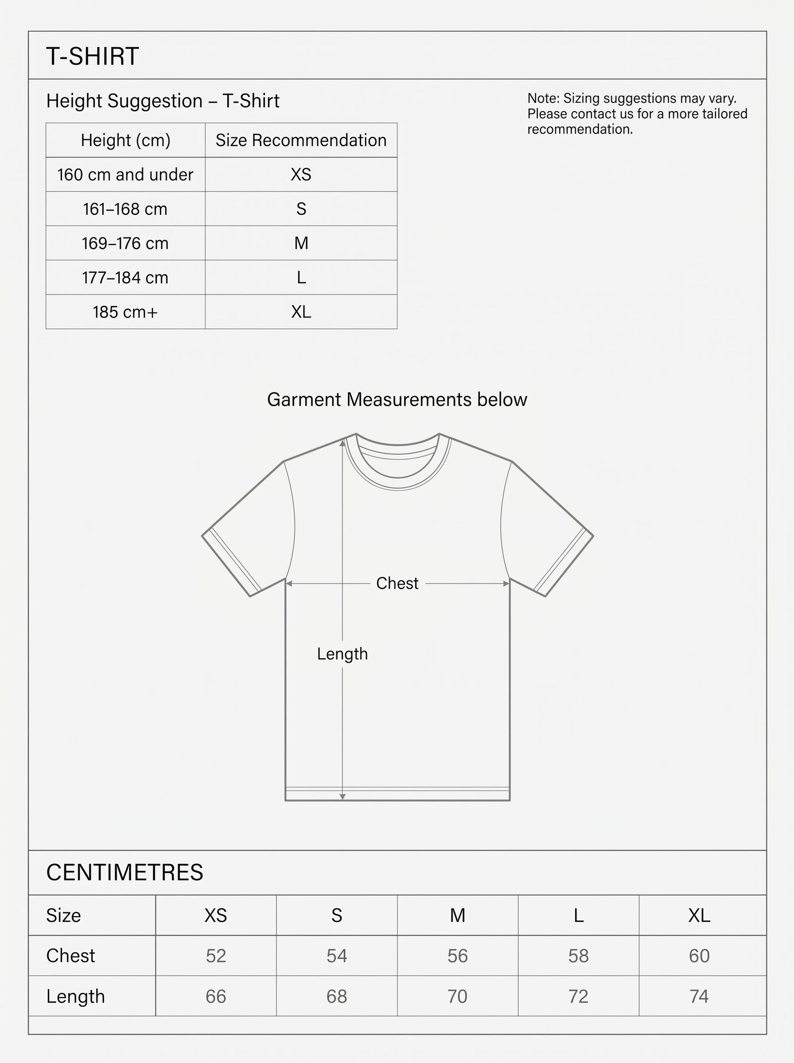 Summer tee size chart