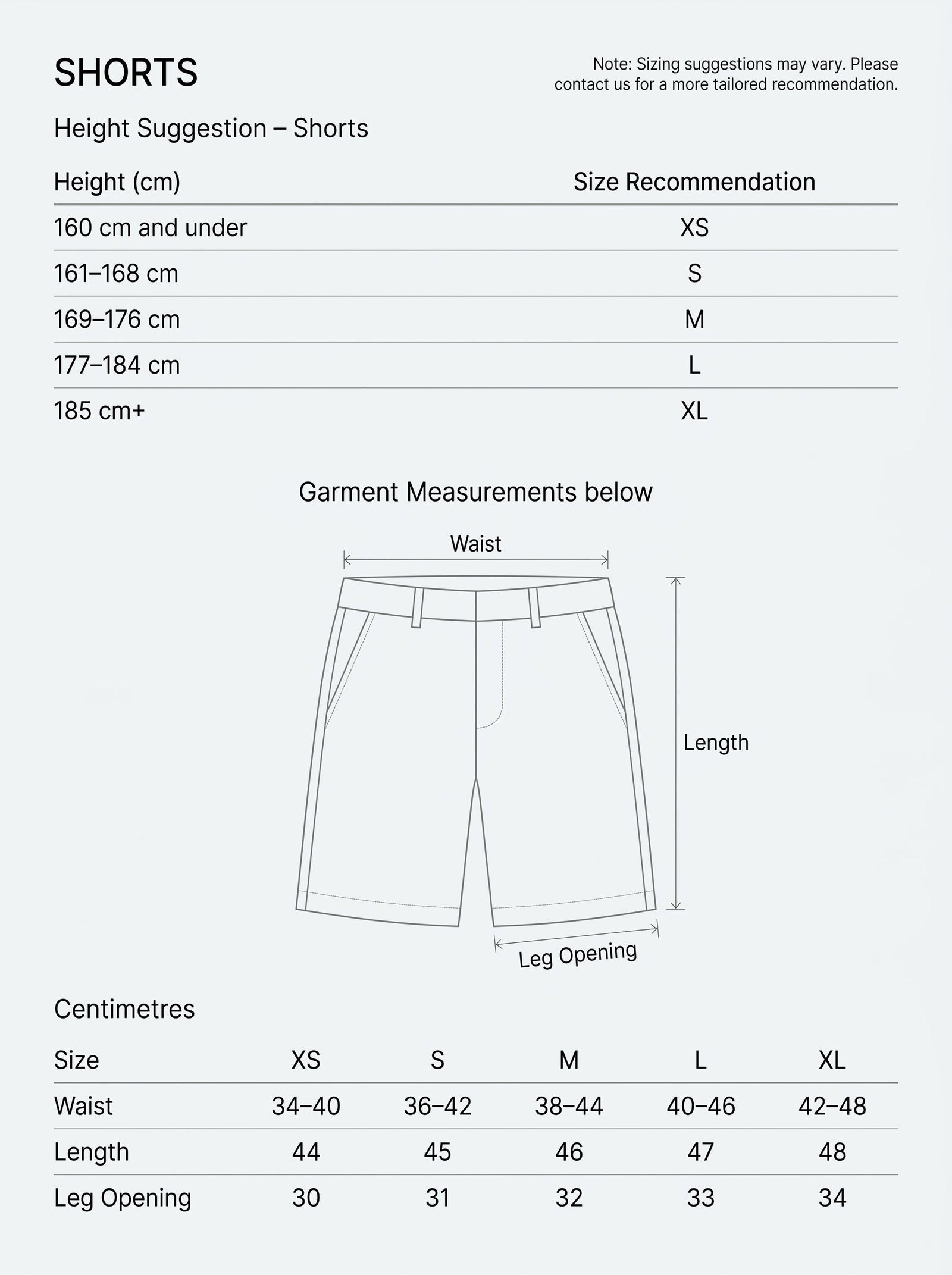 Summer shorts size chart