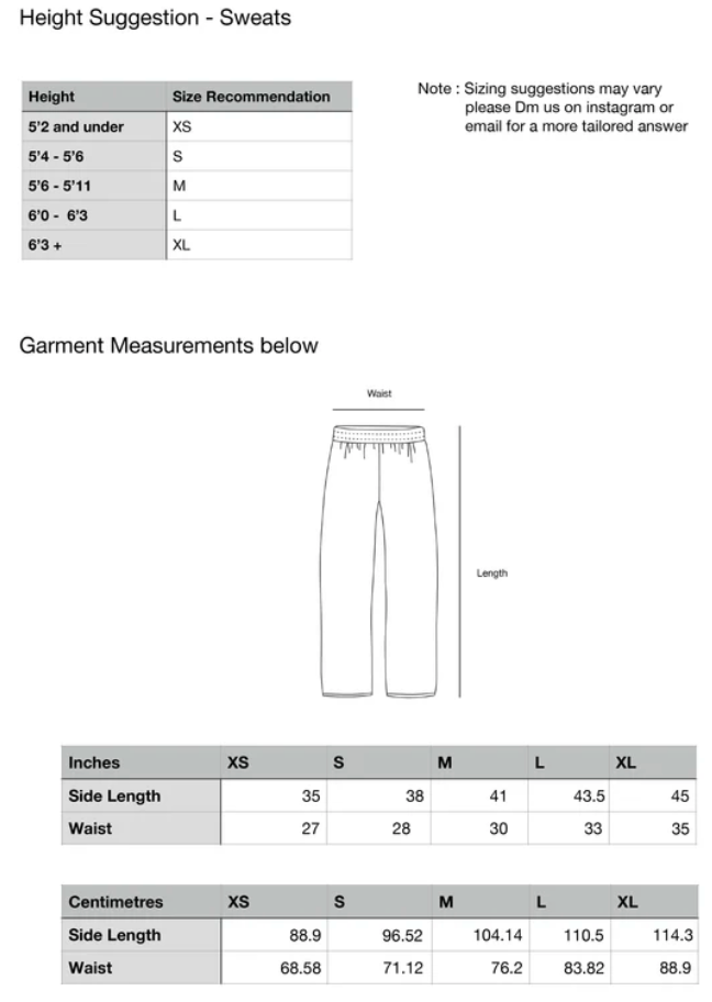 Sweats size chart